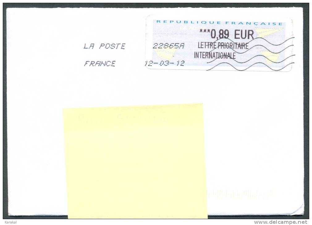 France ATM Vignette 0.89 EUR Lettre Prioritaire Internationale Sur Lettre Circulée Vers La Belgique - 2000 Type « Avions En Papier »