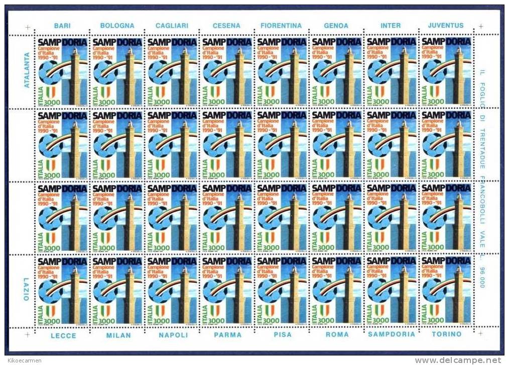 FOGLIO INTERO SAMPDORIA 1991 CAMPIONI Campione D'ITALIA 32 VALORI Appendici SPORT CALCIO FOOTBALL SOCCER NUOVO MNH ** - Ganze Bögen