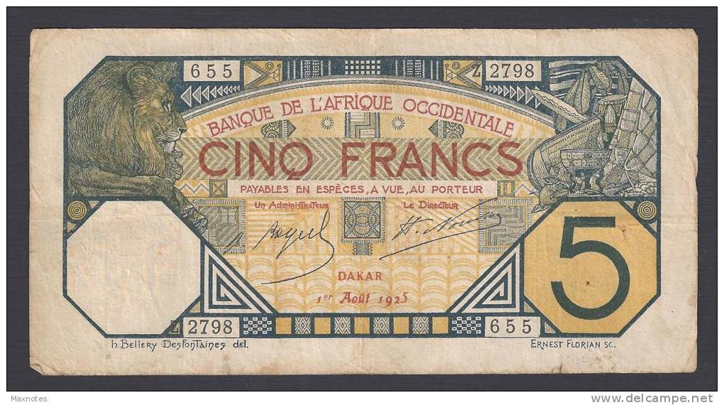 AFRIQUE OCCIDENTALE (French West Africa)  :  5 Francs - 1925  - P58g - 2798-655 - Other - Africa