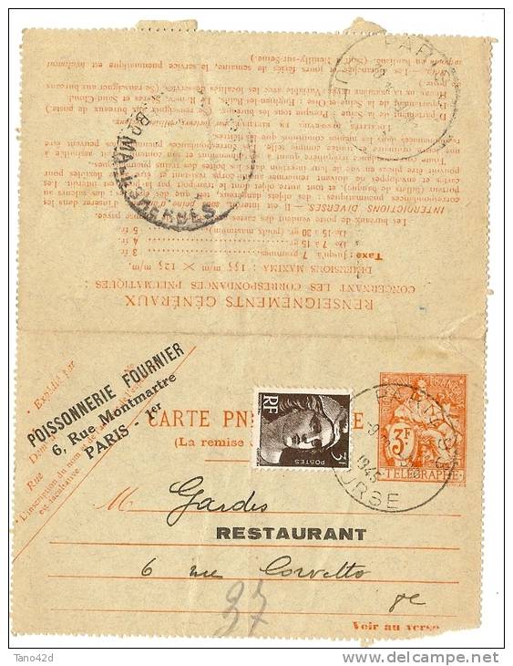 REF LBL9 - FRANCE CARTE LETTRE CHAPLAIN 3f + GANDON 3f REPIQUAGE POISSONNERIE FOURNIER VOYAGEE - Pneumatici