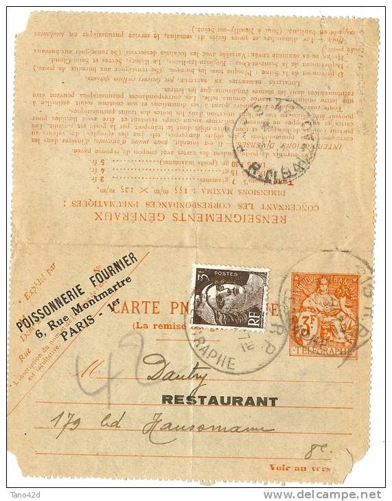 REF LBL9 - FRANCE CARTE LETTRE CHAPLAIN 3f + GANDON 3f REPIQUAGE POISSONNERIE FOURNIER VOYAGEE - Pneumatici