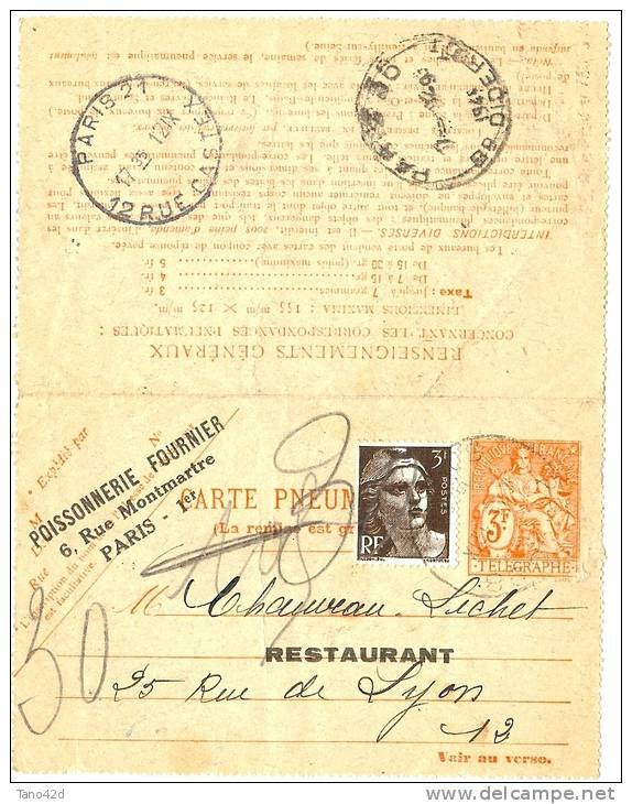 REF LBL9 - FRANCE CARTE LETTRE CHAPLAIN 3f + GANDON 3f REPIQUAGE POISSONNERIE FOURNIER VOYAGEE - Pneumatiques