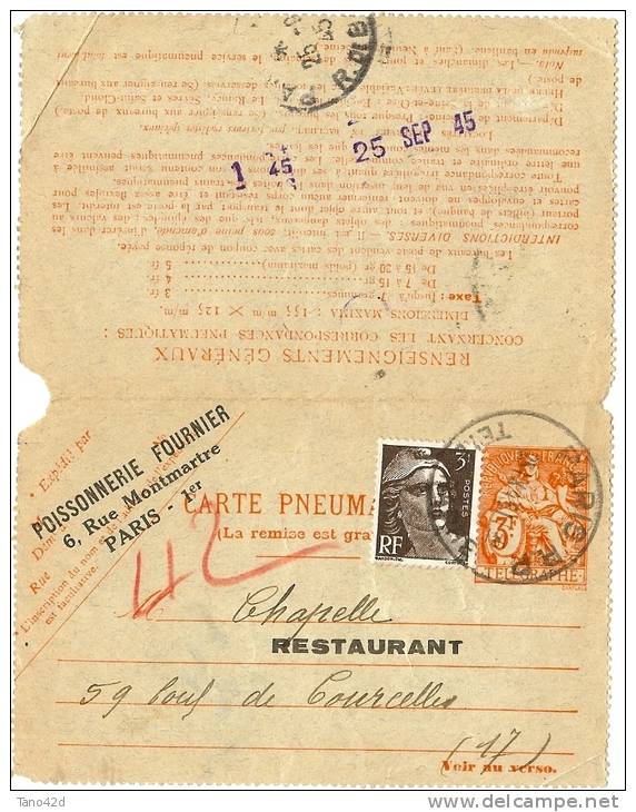 REF LBL9 - FRANCE CARTE LETTRE CHAPLAIN 3f + GANDON 3f REPIQUAGE POISSONNERIE FOURNIER VOYAGEE - Pneumatic Post