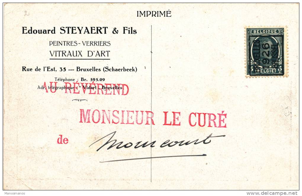 961/18 -  Carte Illustrée TP PREO Houyoux 5 C BRUXELLES 1926 - Entete Steyaert , Vitraux D´Art à SCHAERBEEK - Typografisch 1922-31 (Houyoux)