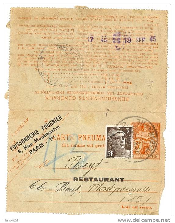 REF LBL9 - FRANCE CARTE LETTRE CHAPLAIN 3f + GANDON 3f REPIQUAGE POISSONNERIE FOURNIER VOYAGEE - Pneumatici