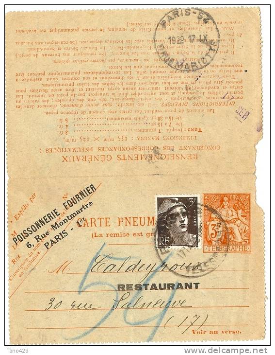 REF LBL9 - FRANCE CARTE LETTRE CHAPLAIN 3f + GANDON 3f REPIQUAGE POISSONNERIE FOURNIER VOYAGEE - Pneumatici