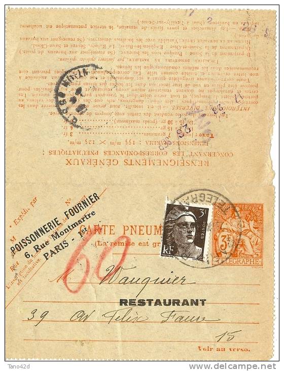 REF LBL9 - FRANCE CARTE LETTRE CHAPLAIN 3f + GANDON 3f REPIQUAGE POISSONNERIE FOURNIER VOYAGEE - Pneumatic Post