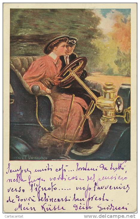 INTENSA ILLUSTRAZIONE DI CLARENCE UNDERWOOD. DAMA ALLA GUIDA DI AUTO DELL'EPOCA CON CAVALIERE ACCANTO. 1909 - Underwood, Clarence F.