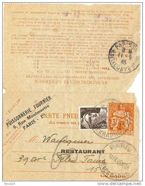 REF LBL9 - FRANCE CARTE LETTRE CHAPLAIN 3f + GANDON 3f REPIQUAGE POISSONNERIE FOURNIER VOYAGEE - Pneumatici