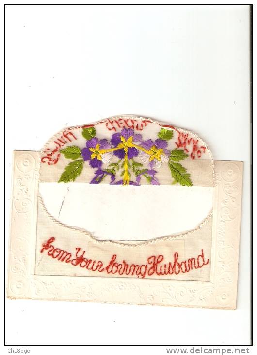 CPA - Carte Brodée Militaria Avec  Rabat: Fleurs Violettes " To My Dear Wife From Your Loving Husband" - Brodées