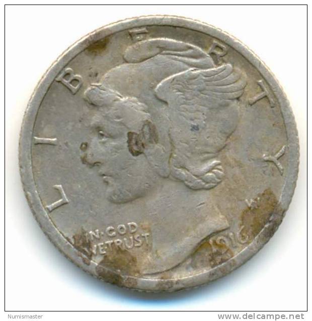 1916 S , MERCURY DIME , UNCLEANED SILVER COIN - 1916-1945: Mercury (Mercurio)