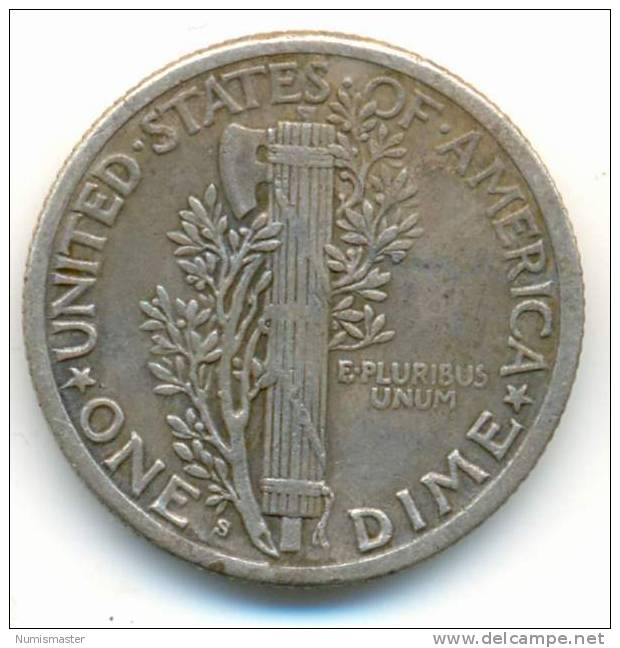 1916 S , MERCURY DIME , UNCLEANED SILVER COIN - 1916-1945: Mercury (Mercurio)