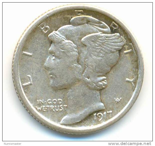 1917 , MERCURY DIME , UNCLEANED SILVER COIN - 1916-1945: Mercury
