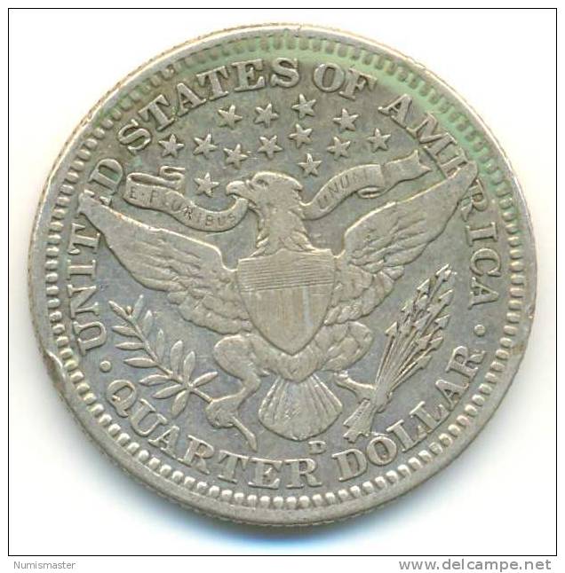 1916 D , BARBER QUARTER , UNCLEANED SILVER COIN - 1892-1916: Barber