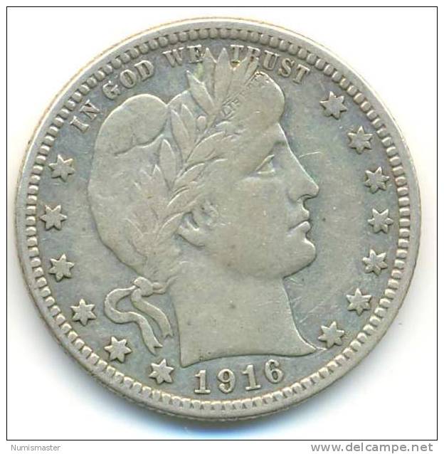 1916 D , BARBER QUARTER , UNCLEANED SILVER COIN - 1892-1916: Barber