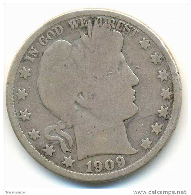 1909 , BARBER HALF DOLLAR  ,UNCLEANED SILVER COIN - 1892-1915: Barber