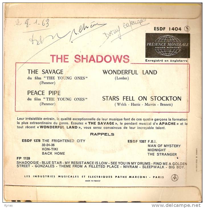 VINYLE . 45 T . THE SHADOWS . The Savage . Wonderful  Land .  COLUMBIA E.S.D.F. 1404 - Rock