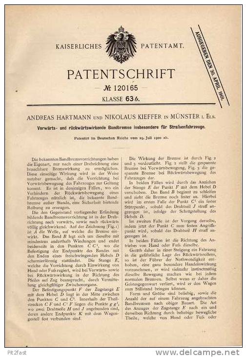 Original Patentschrift - N. Kieffer In Münster , 1900 , Bandbremse Für Fahrzeuge , KFZ  !!! - Cars