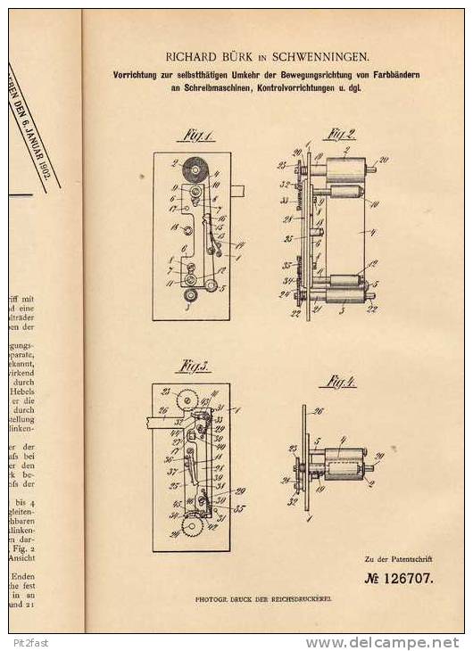 Original Patentschrift - R. Bürck In Schwenningen , 1900, Schreibmaschine Umkehrvorrichtung !!! - Máquinas