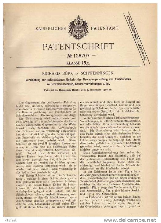Original Patentschrift - R. Bürck In Schwenningen , 1900, Schreibmaschine Umkehrvorrichtung !!! - Macchine