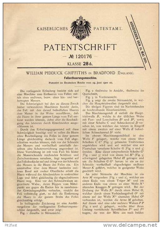 Original Patentschrift - Fellenthaarungsmaschine , 1900, W. Griffiths In Bradford , Schlachter , Wild , Schlachterei !!! - Maschinen