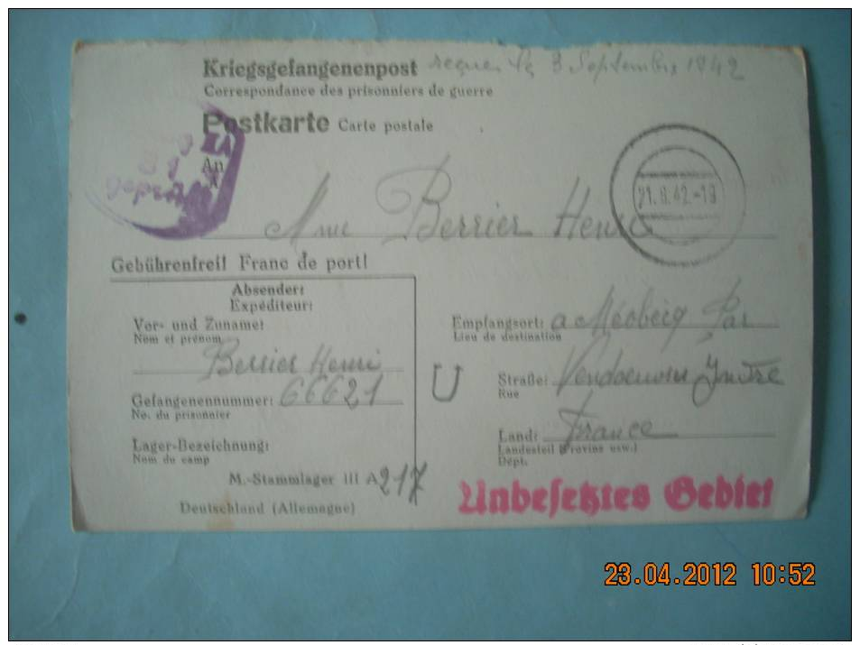 SN 582  CORRESPONDANCE DES PRISONNIERS DE GUERRE   VENDOEUVRES  36 - Militaria