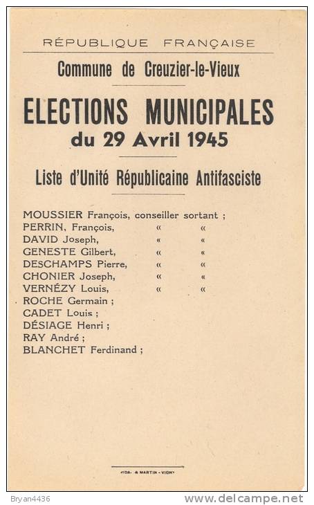 03 - Creuzier-le-Vieux (Allier) - Fiche Politique Format CPA - Elections Municipales De 1945 - Liste Antifasciste (scan) - Historical Documents