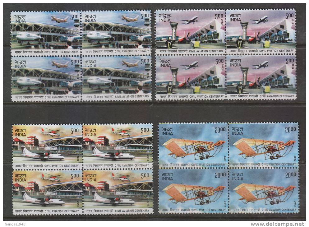 India 2012  CIVIL AVIATION  4v  MNH  Blocks Of 4 # 36260 S Inde Indien - Neufs