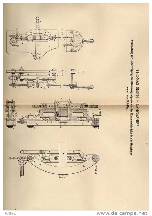 Original Patentschrift - Signale  Von Kommandobrücke In Maschinenraum Für Schiffe , 1887 , T. Smith In Lancashire !!! - Sonstige & Ohne Zuordnung