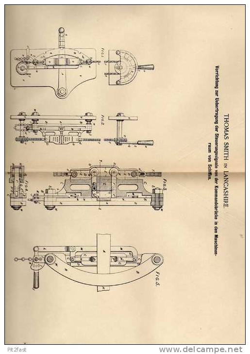 Original Patentschrift - Signale  Von Kommandobrücke In Maschinenraum Für Schiffe , 1887 , T. Smith In Lancashire !!! - Other & Unclassified