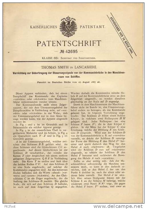 Original Patentschrift - Signale  Von Kommandobrücke In Maschinenraum Für Schiffe , 1887 , T. Smith In Lancashire !!! - Autres & Non Classés