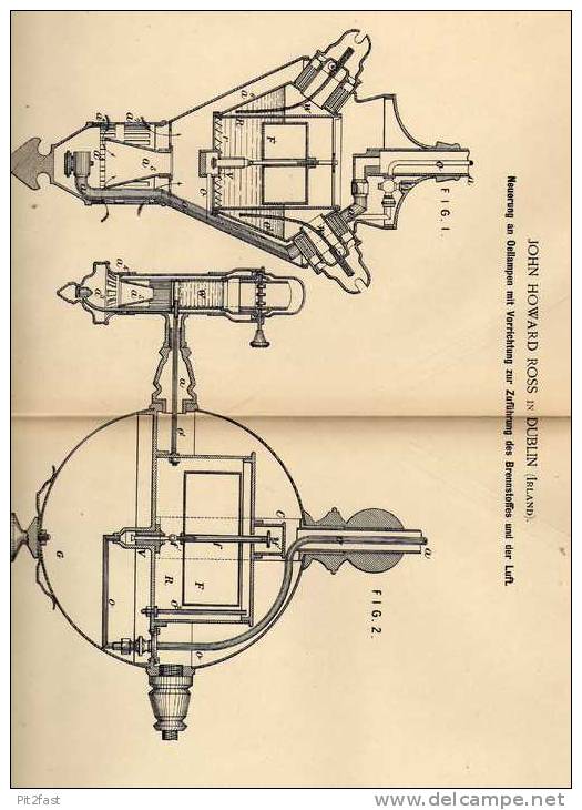 Original Patentschrift -J. Ross In Dublin , Irland , 1887 , Oellampe Mit Brennstoff , Lampe , Ireland !!! - Luminaires & Lustres