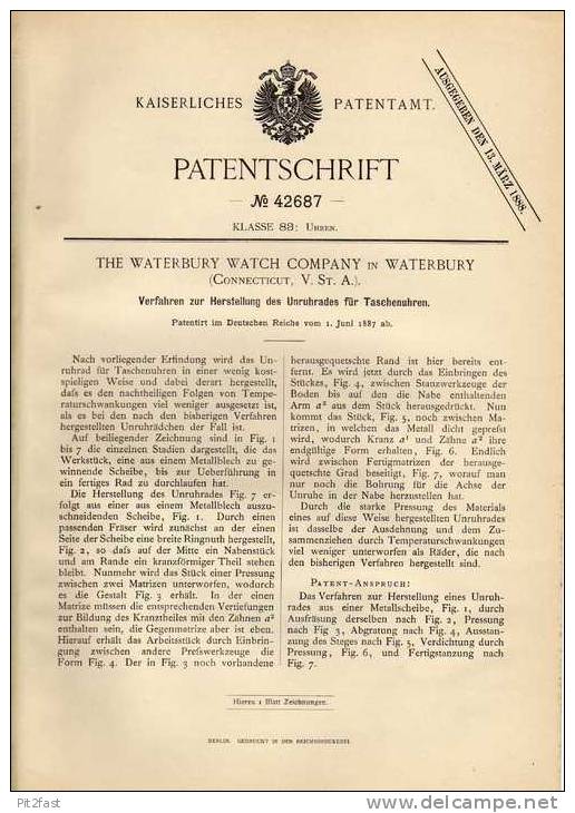 Original Patentschrift - Unruhrad Für Taschenuhr , 1887 , Waterbury Watch Company , USA , Uhr !!! - Sonstige & Ohne Zuordnung