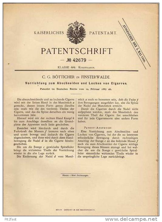 Original Patentschrift - C. Bötticher In Finsterwalde , 1887 , Abschneider Und Locher Für Cigarre , Zigarre !!! - Sonstige & Ohne Zuordnung