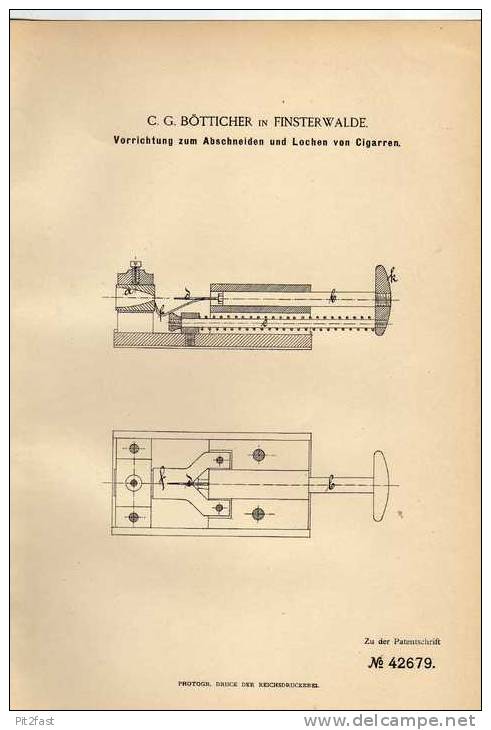 Original Patentschrift - C. Bötticher In Finsterwalde , 1887 , Abschneider Und Locher Für Cigarre , Zigarre !!! - Sonstige & Ohne Zuordnung