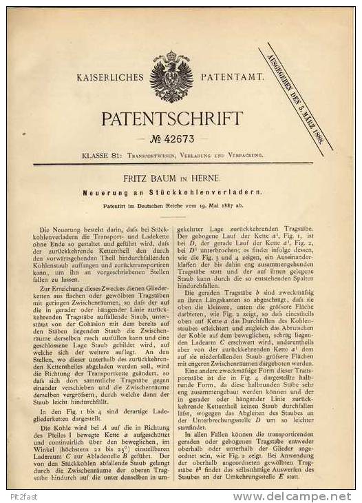 Original Patentschrift - F. Baum In Herne , 1887 , Förderband , Verladekette !!! - Máquinas
