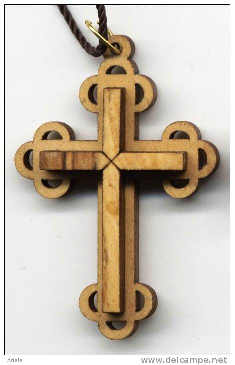 Olive Large Wood Cross With Brown Lace Cord  Made In Jerusalem - Religion & Esotericism