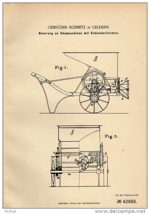 Original Patentschrift - Gebr. Schmitz In Geldern , 1887 , Säemaschine , Landwirtschaft , !!! - Maschinen