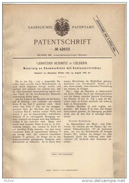 Original Patentschrift - Gebr. Schmitz In Geldern , 1887 , Säemaschine , Landwirtschaft , !!! - Tools