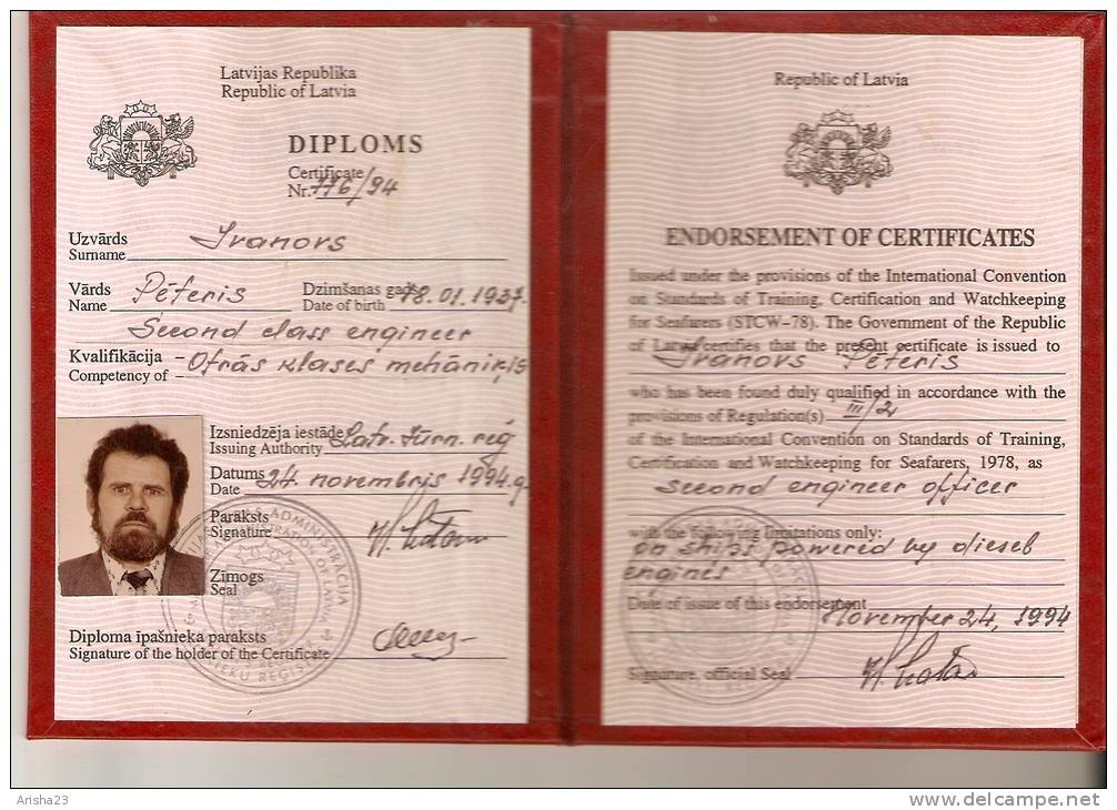 Diploma - Endorsement Of Certificates - Second Engineer Officer - Seamen Register - Maritime Administration Of Latvia - Diplômes & Bulletins Scolaires