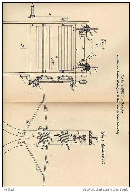 Original Patentschrift - C. Zienert In Sayda , 1887 , Brezel Maschine , Bäckerei , Bäcker !!! - Maschinen