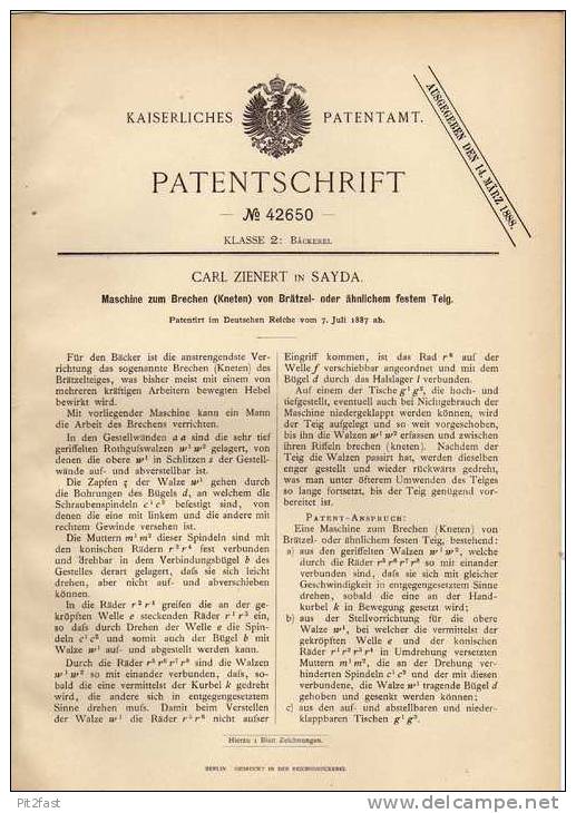 Original Patentschrift - C. Zienert In Sayda , 1887 , Brezel Maschine , Bäckerei , Bäcker !!! - Tools