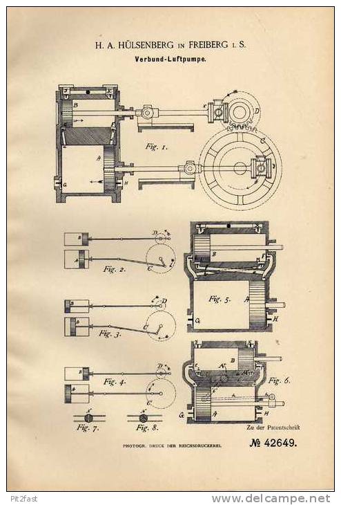 Original Patentschrift - H. Hülstenberg In Freiberg I.S., 1887 , Verbund - Luftpumpe , Kompressor !!! - Machines