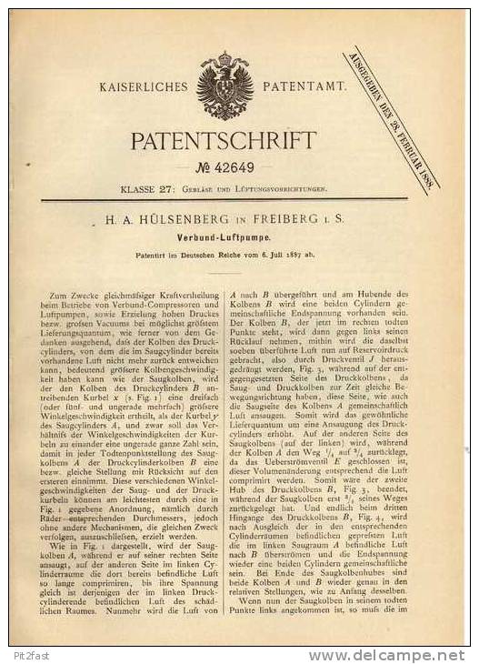 Original Patentschrift - H. Hülstenberg In Freiberg I.S., 1887 , Verbund - Luftpumpe , Kompressor !!! - Tools