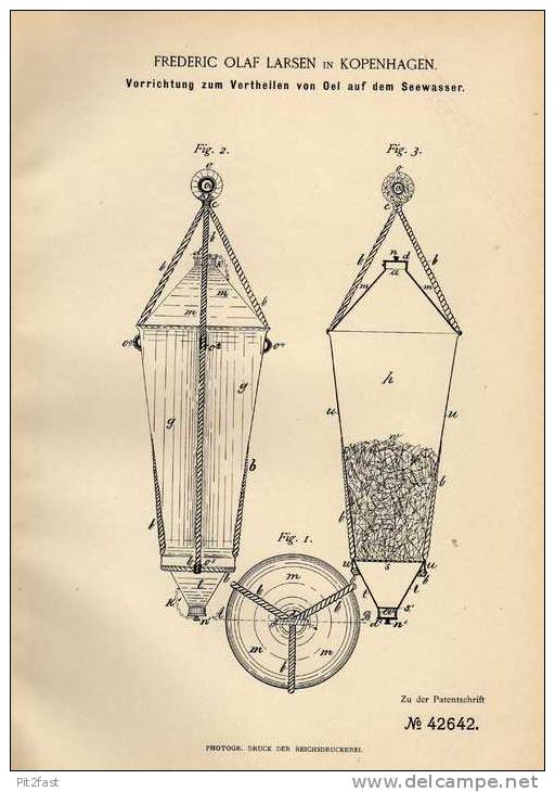 Original Patentschrift - Verteiler Für Oel Auf Seewasser , 1887 , F. Larsen In Kopenhagen !!! - Altri & Non Classificati