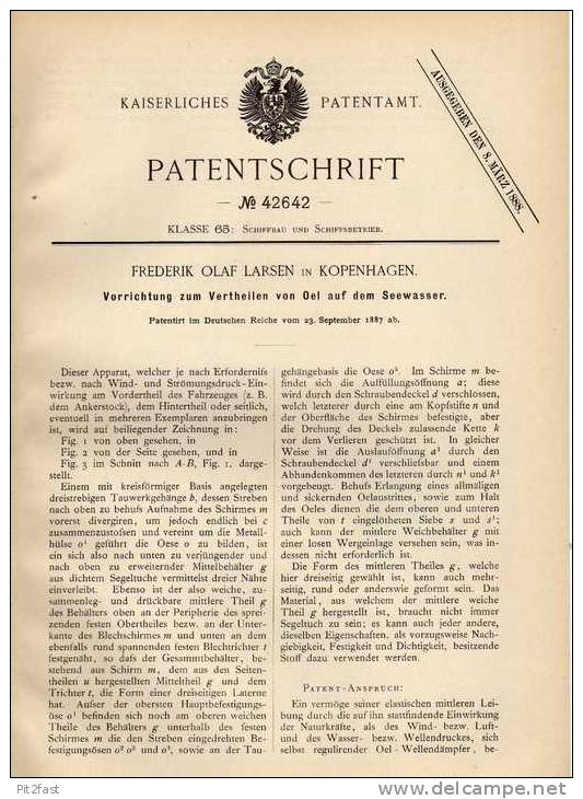 Original Patentschrift - Verteiler Für Oel Auf Seewasser , 1887 , F. Larsen In Kopenhagen !!! - Other & Unclassified