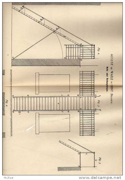 Original Patentschrift - A. De Waele In Gent , 1887 , Not- Und Rettungstreppe , Feuerwehr , Rettung , Treppe !!! - Architectuur