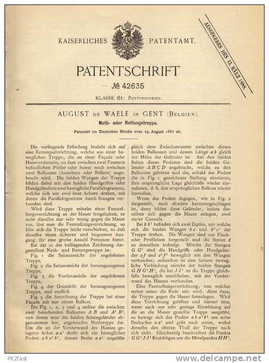 Original Patentschrift - A. De Waele In Gent , 1887 , Not- Und Rettungstreppe , Feuerwehr , Rettung , Treppe !!! - Architektur