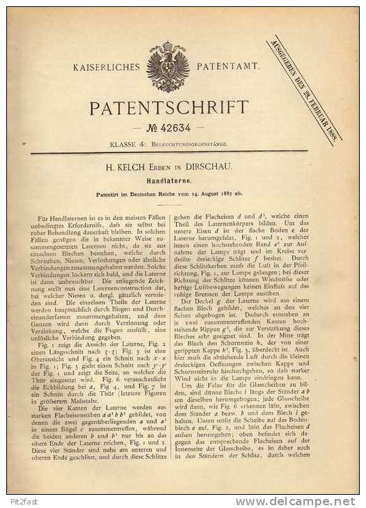 Original Patentschrift - H. Kelch In Dirschau , 1887 , Laterne , Handlaterne , Lampe !!! - Luminarie E Lampadari