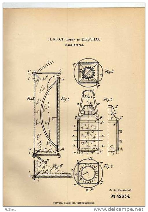 Original Patentschrift - H. Kelch In Dirschau , 1887 , Laterne , Handlaterne , Lampe !!! - Leuchten & Kronleuchter